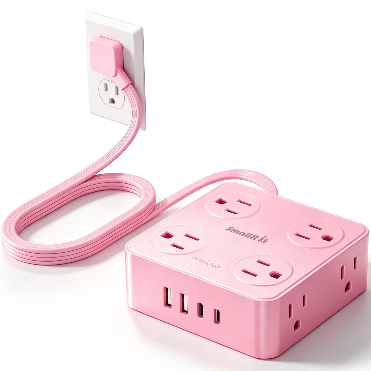 SmallRT pink power strip with eight outlets for multiple devices.
