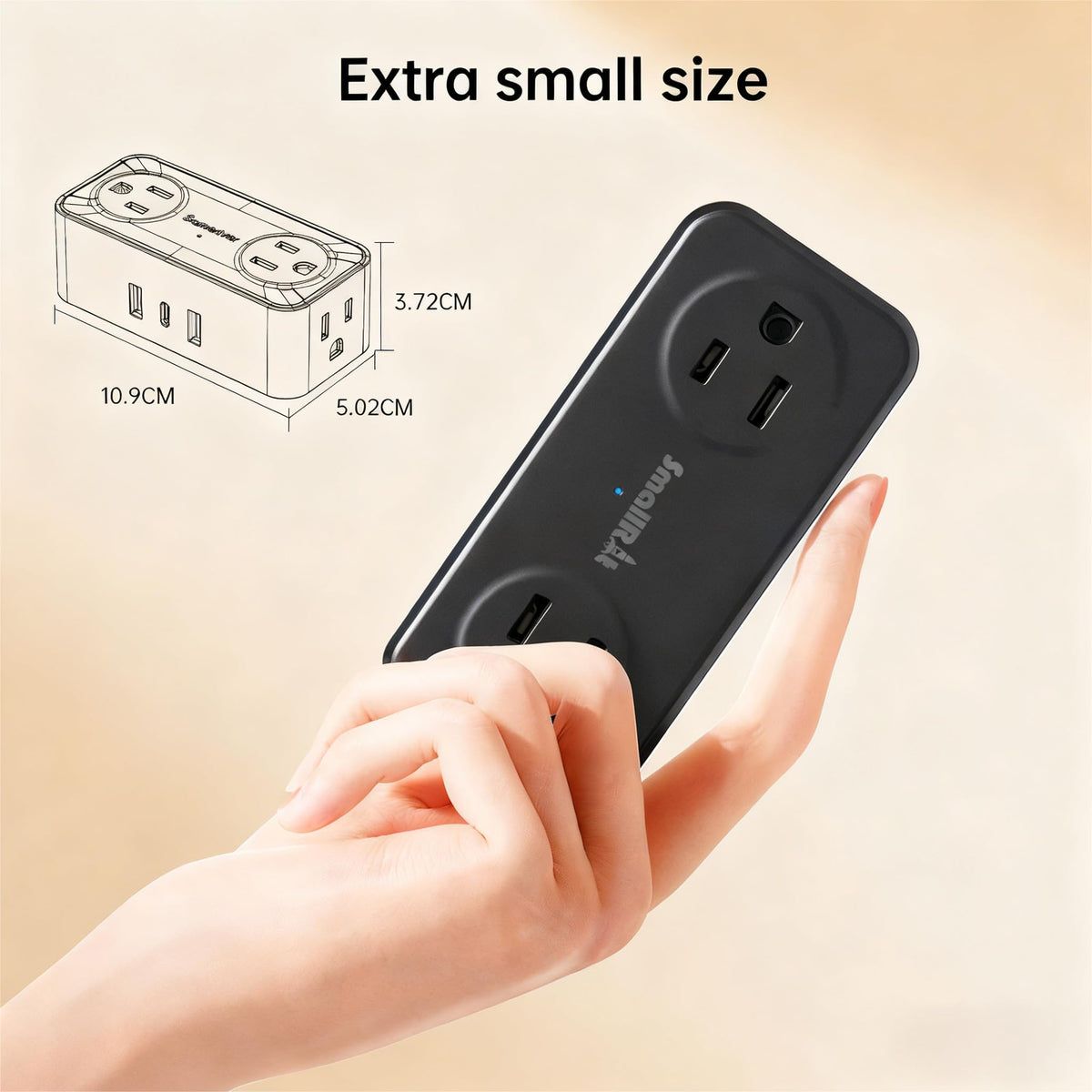 SmallRT compact travel power strip fits easily in luggage.