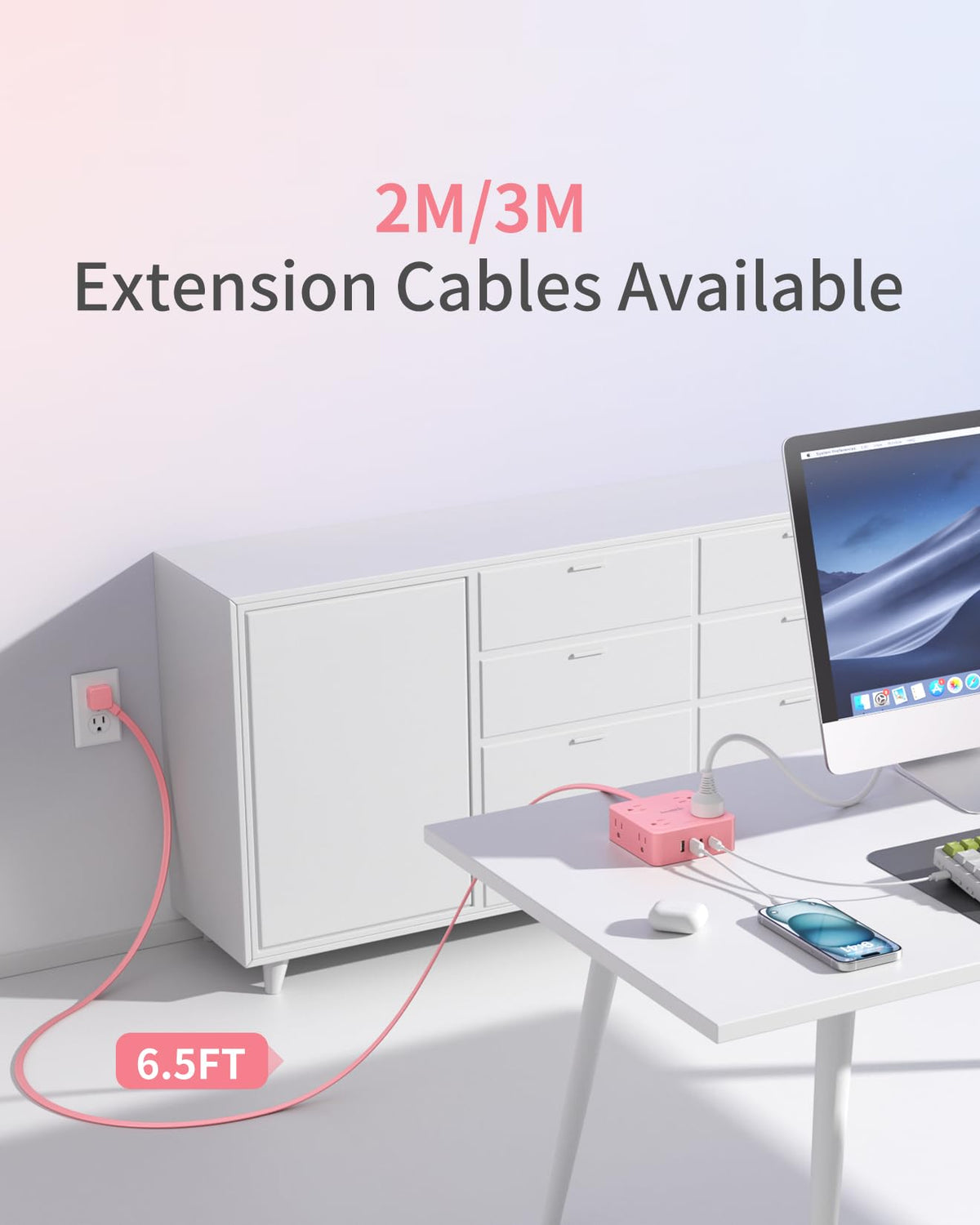 SmallRT compact power strip keeps desk cables organized.