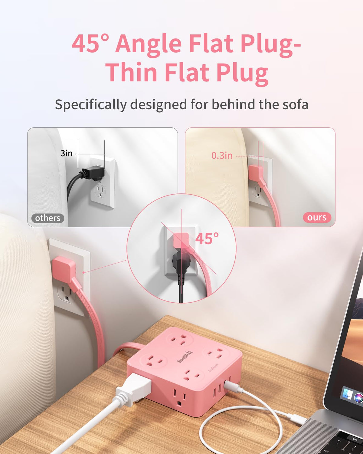SmallRT pink flat plug design saves space by sitting flush against the wall.