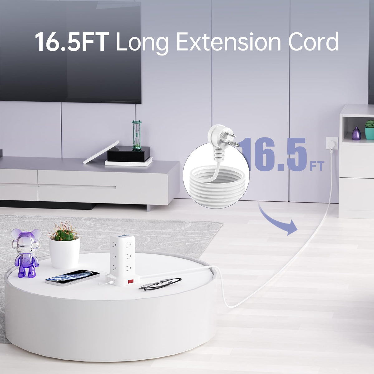 SMALLRT flat plug and extra long 16.5ft cord allowing flexible placement and hidden wiring