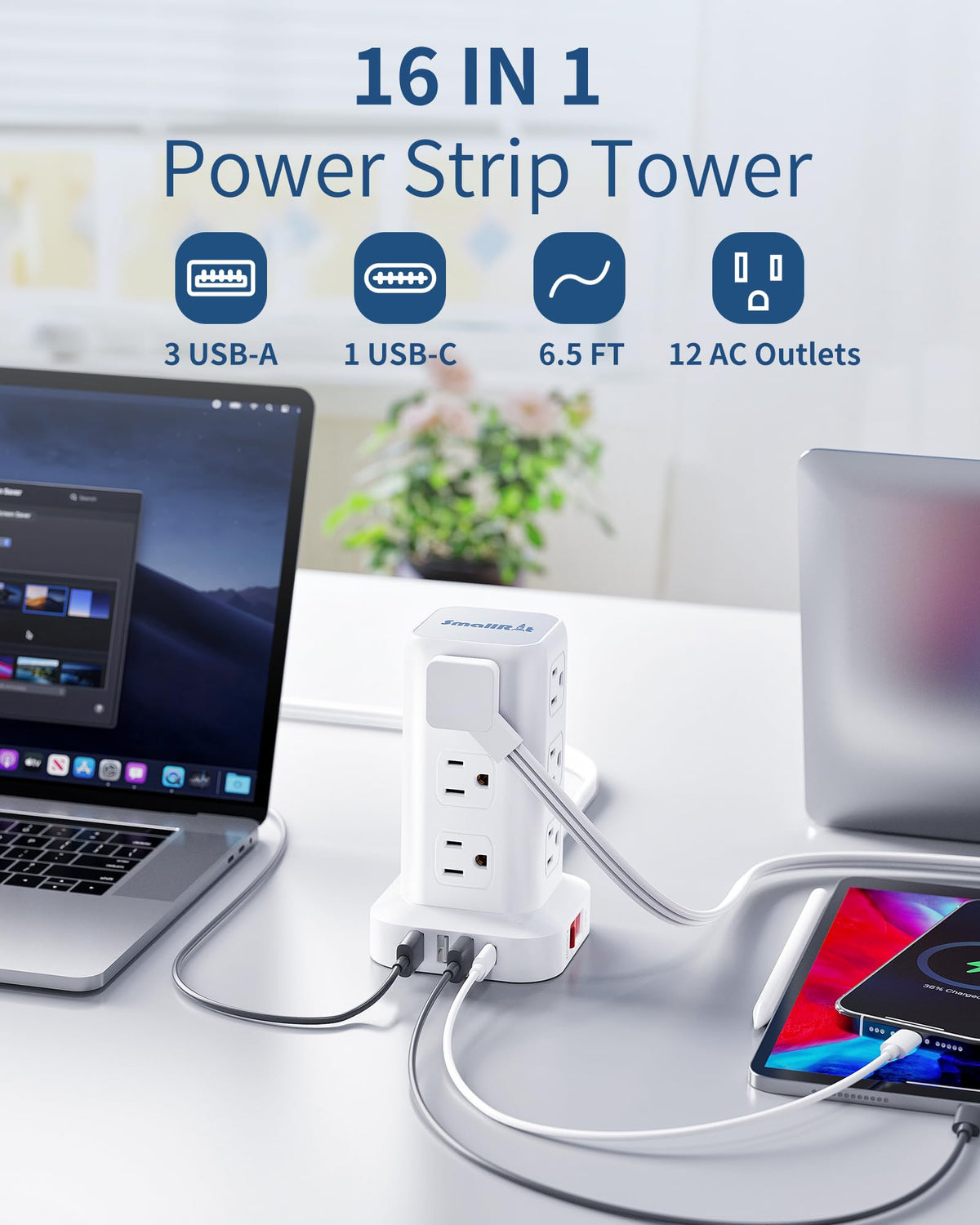 SMALLRT flat plug and 6.5ft cord view illustrating low profile and flexible reach