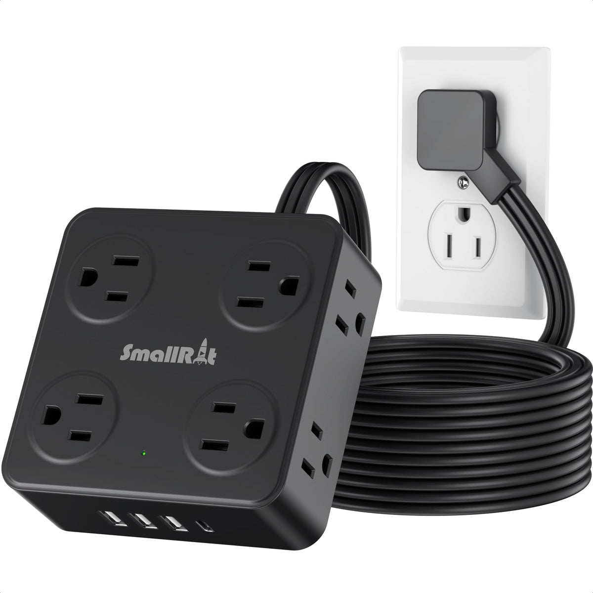 SmallRT flat plug power strip with USB-C powering eight outlets efficiently.