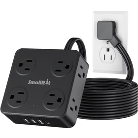 SmallRT flat plug power strip with USB-C powering eight outlets efficiently.