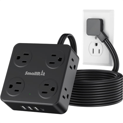 SmallRT flat plug power strip with USB-C powering eight outlets efficiently.