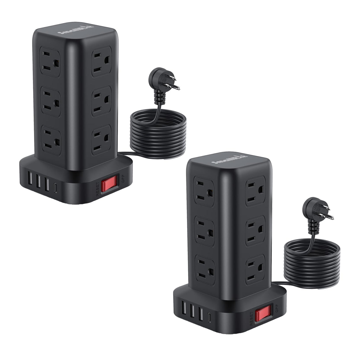 SMALLRT power tower front view showing vertical outlets and compact footprint for neat charging