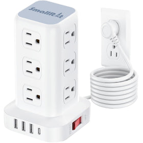 SMALLRT front tower view showing 12 AC outlets and 4 USB ports, space-saving benefit