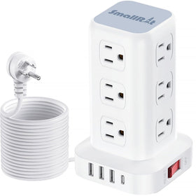 SMALLRT front view of tower power strip showing outlets and USB ports for organized charging