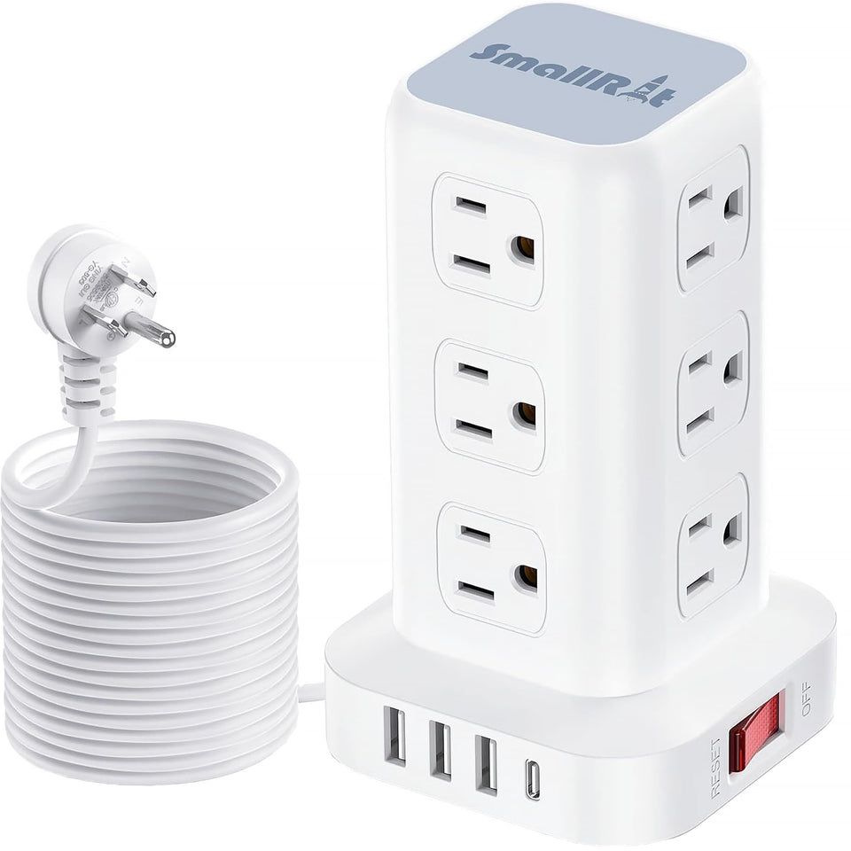 SMALLRT front view of tower power strip showing outlets and USB ports for organized charging