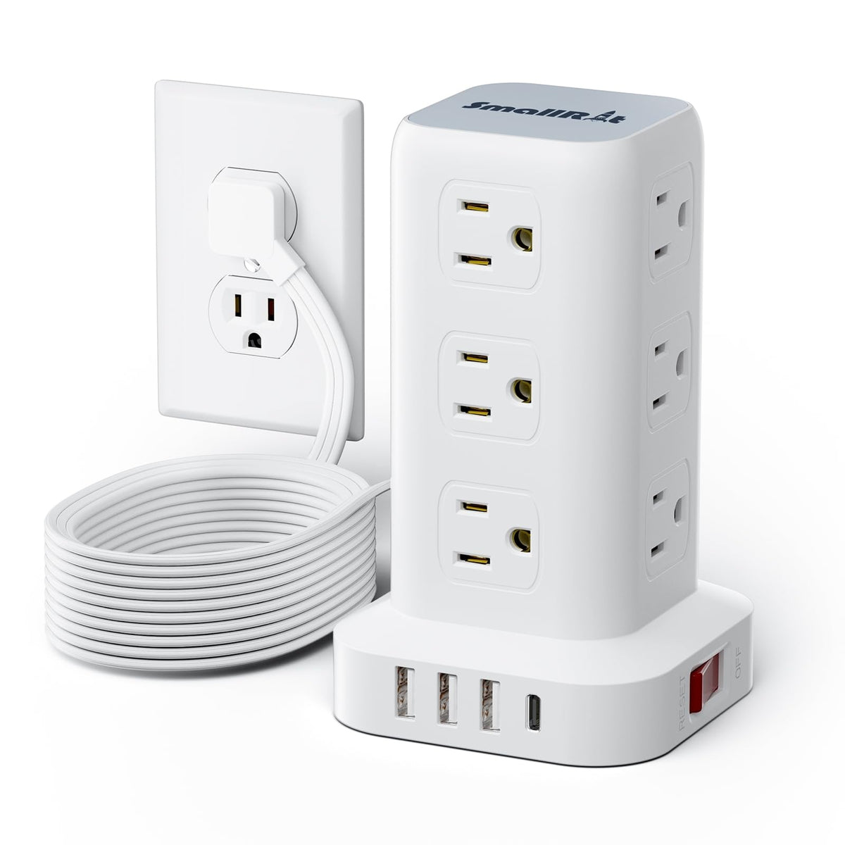 SMALLRT front view tower power strip showing many outlets for neat charging
