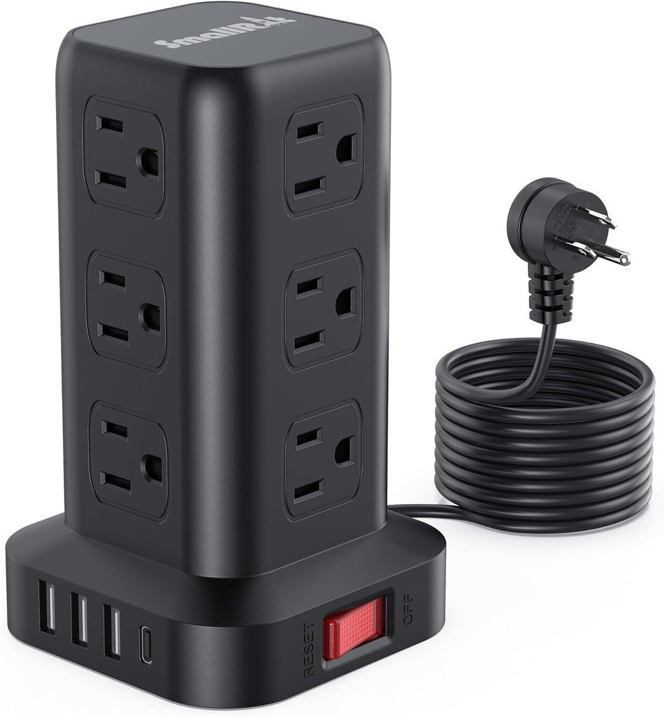 SMALLRT front view of tower showing all 12 AC outlets and neat vertical layout