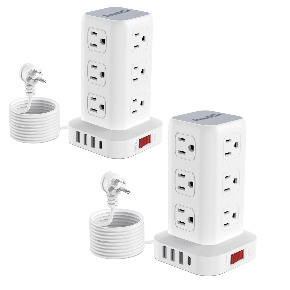 SMALLRT front view of tower showing 12 outlets and USB ports for organized charging