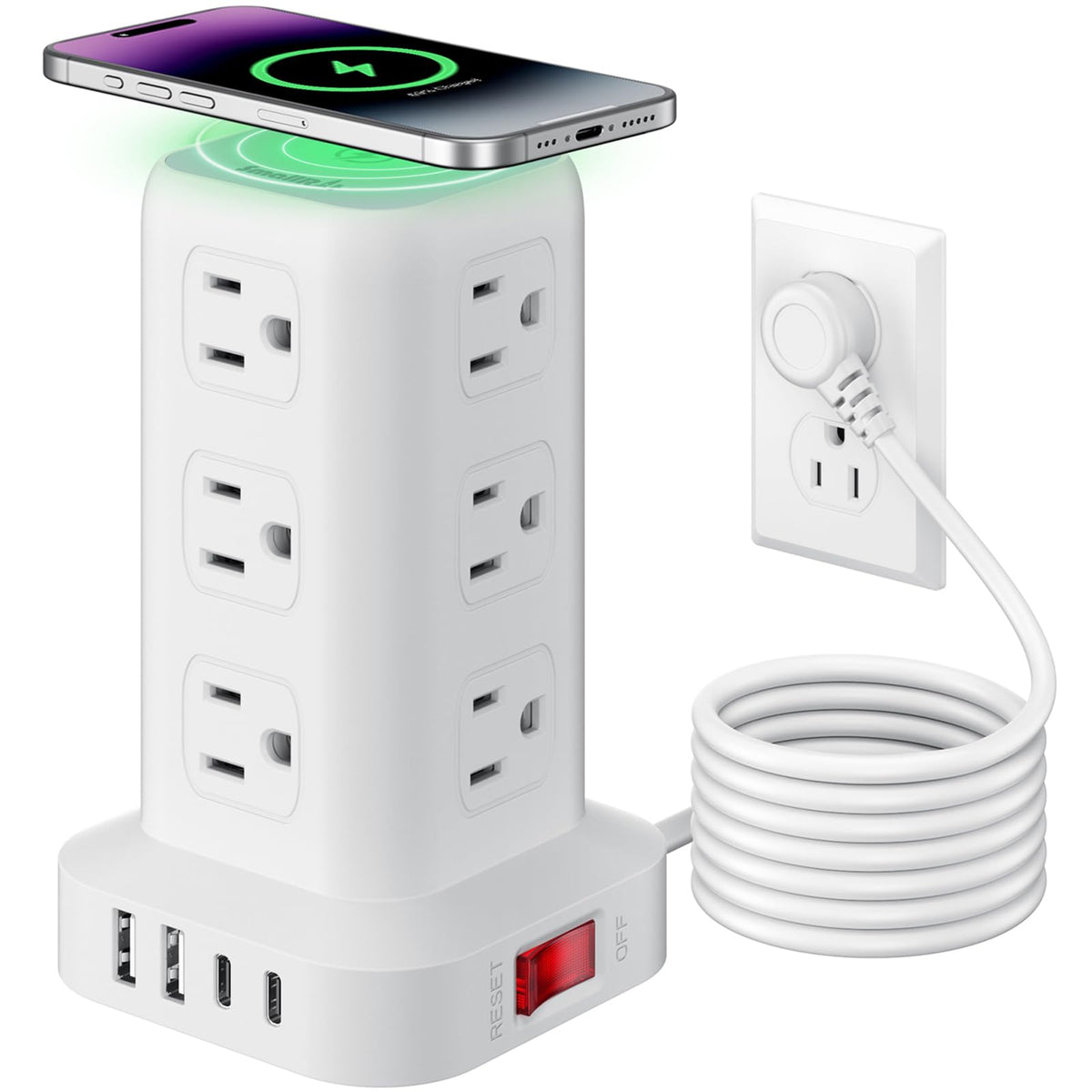 SMALLRT front view of tower showing 12 outlets and stable profile for space saving