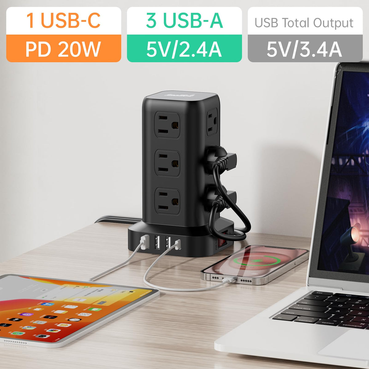 SMALLRT in-use on a desk powering laptop, monitor, and phone for organized setup