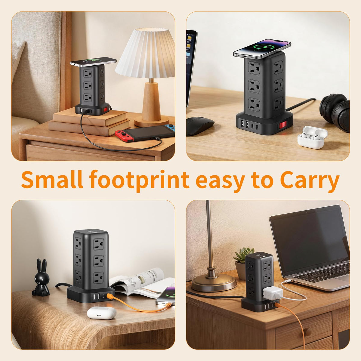 SMALLRT in use on a home desk powering laptop and lamp efficiently