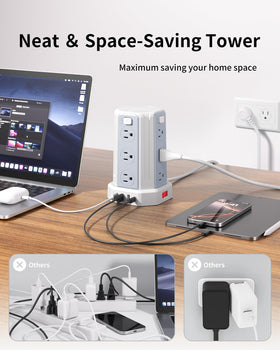 SMALLRT power tower on a desk powering laptop and phone to reduce clutter