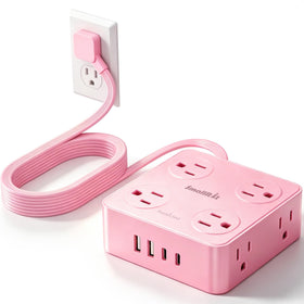SMALLRT pink power strip with flat plug for neat desks and walls