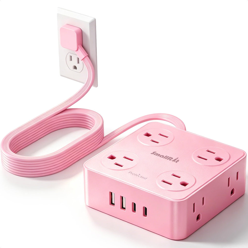 SMALLRT pink power strip with flat plug for neat desks and walls