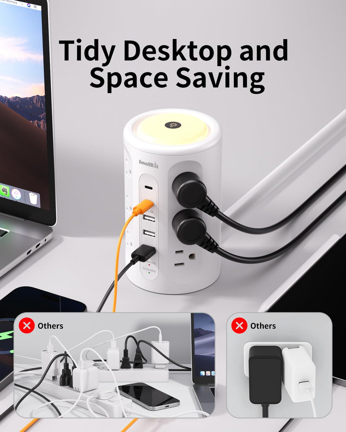 SMALLRT power strip tower 10ft extension cord offers flexible placement behind furniture.