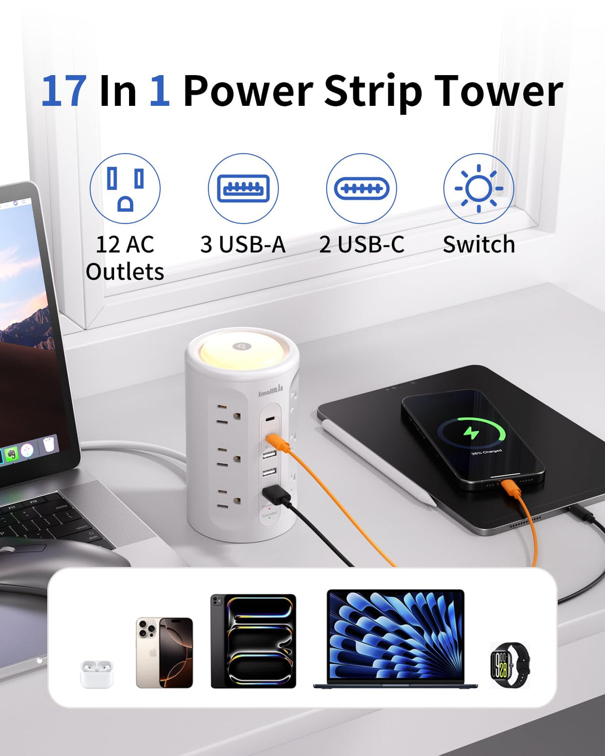SMALLRT power strip tower with 12 AC outlets keeps your desk organized and powered.