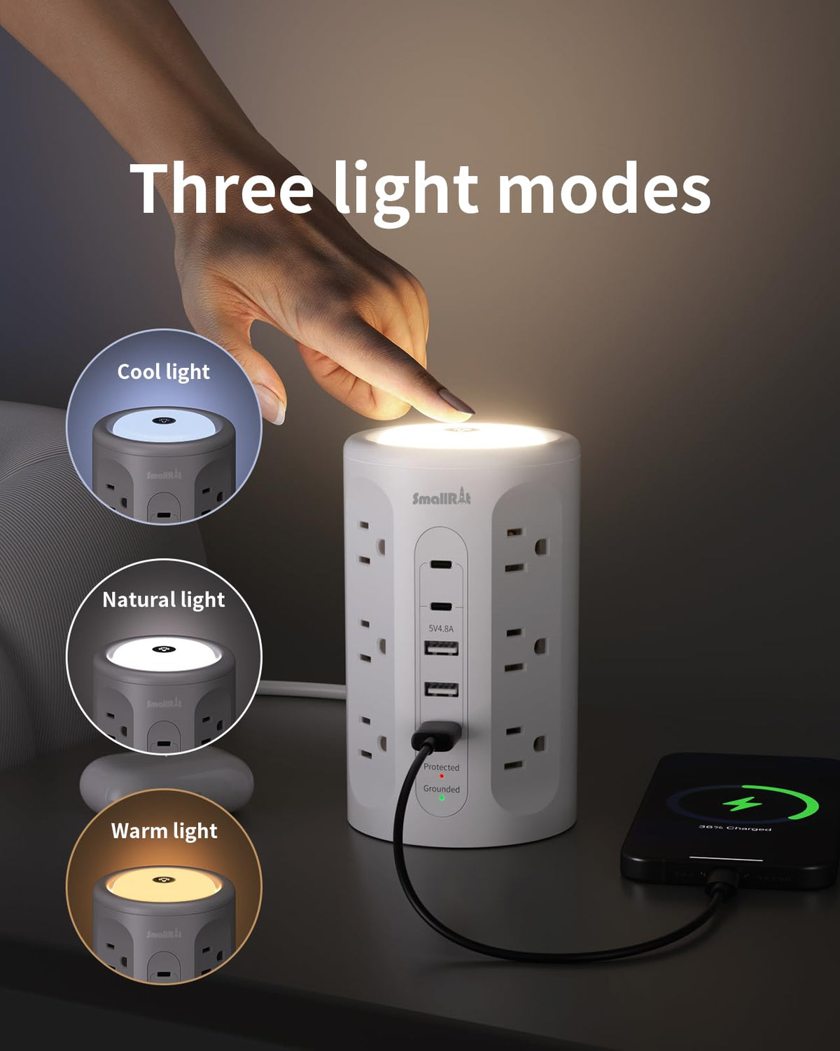 SMALLRT power strip tower with 5 USB ports simplifies charging for smartphones and tablets.