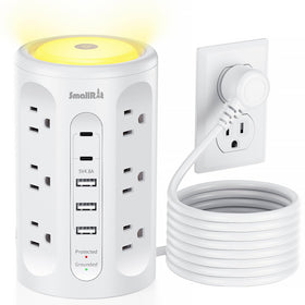 SMALLRT power strip tower with night light illuminates your workspace while charging devices.