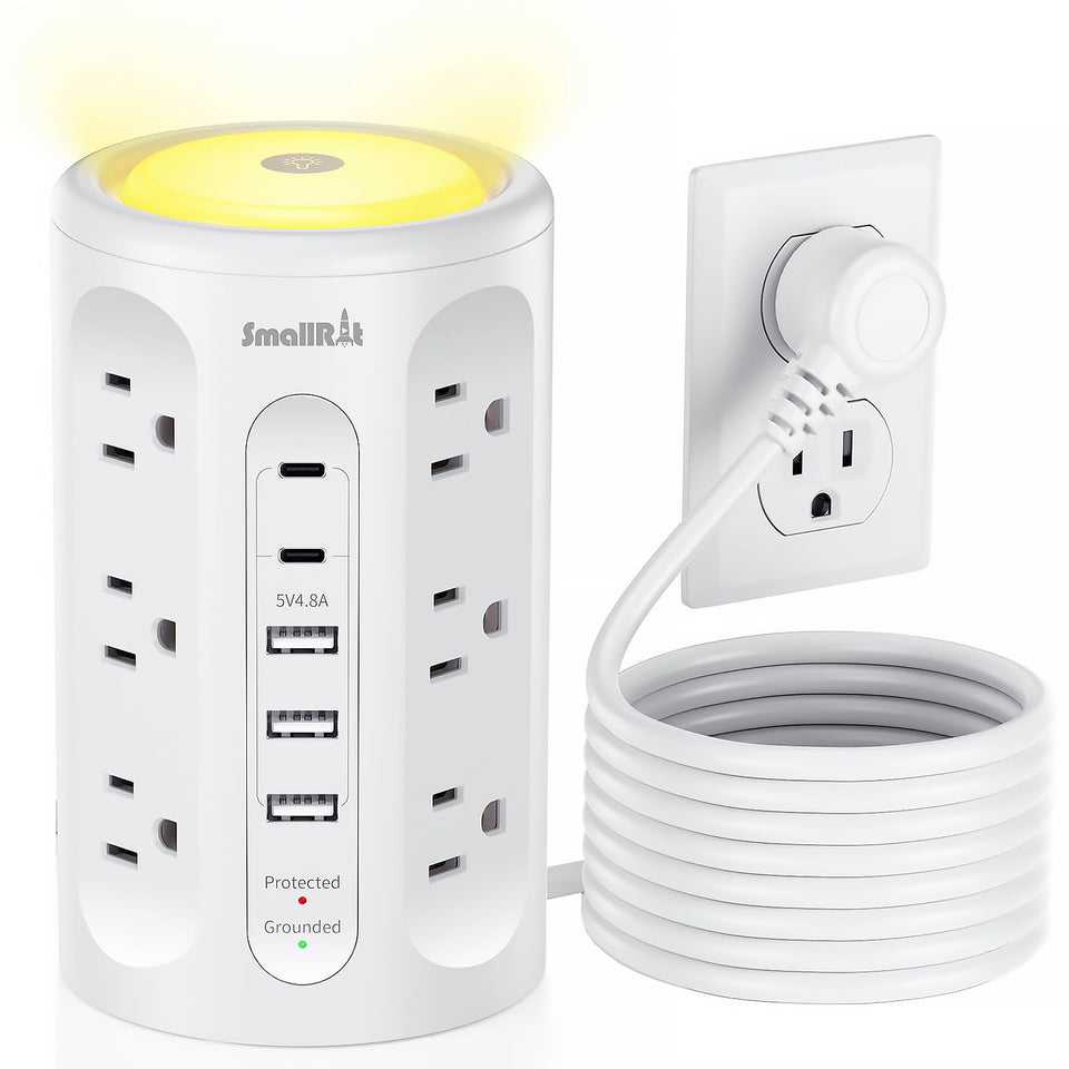 SMALLRT power strip tower with night light illuminates your workspace while charging devices.