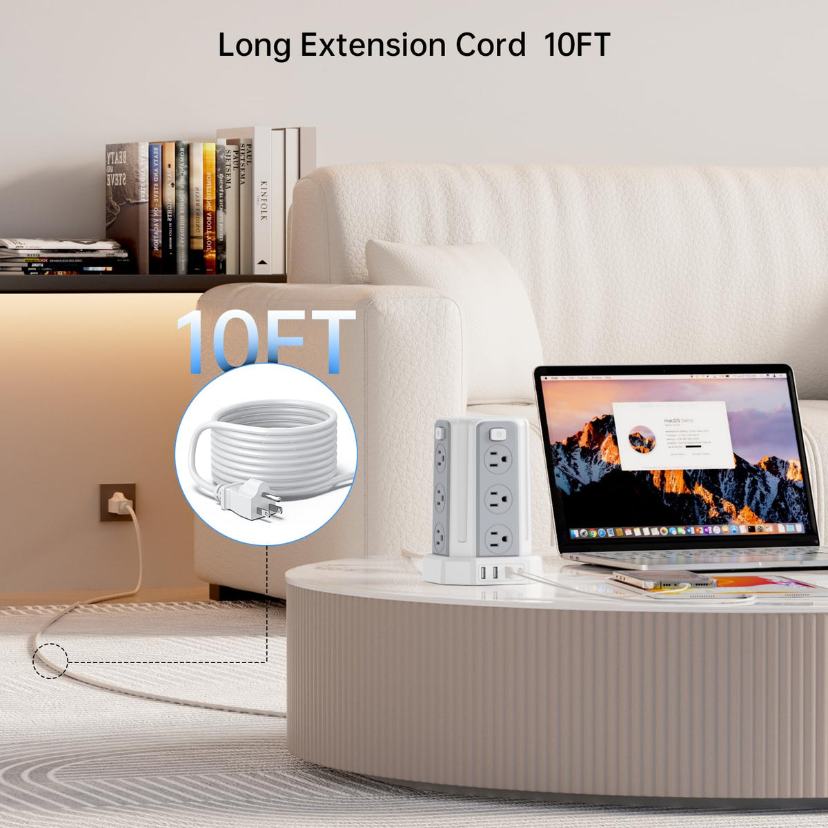 SMALLRT power strip with 10ft cord stretched to show placement flexibility
