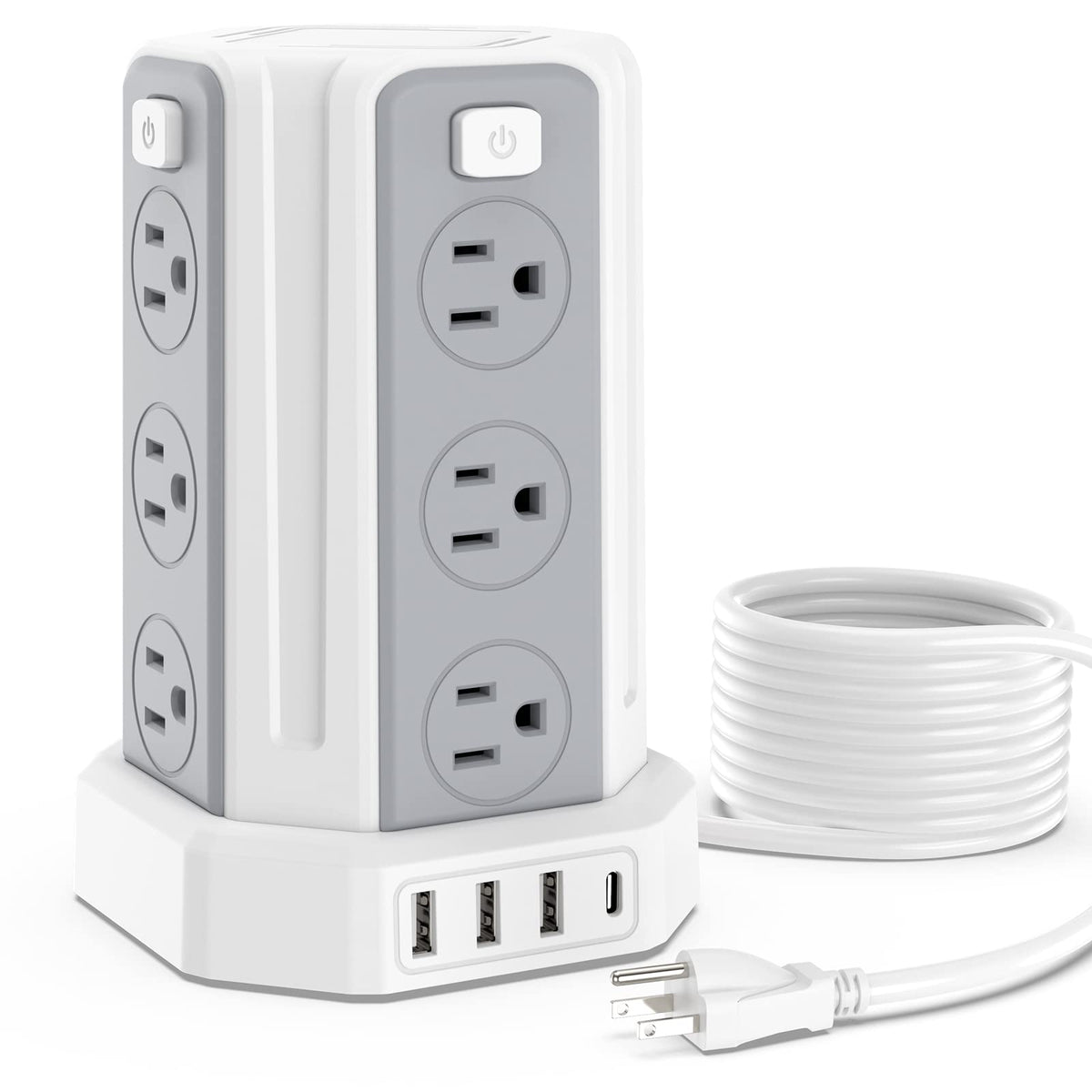 SMALLRT power tower front view showing 12 outlets and compact footprint benefit