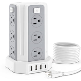 SMALLRT power tower front view showing 12 outlets and compact footprint benefit