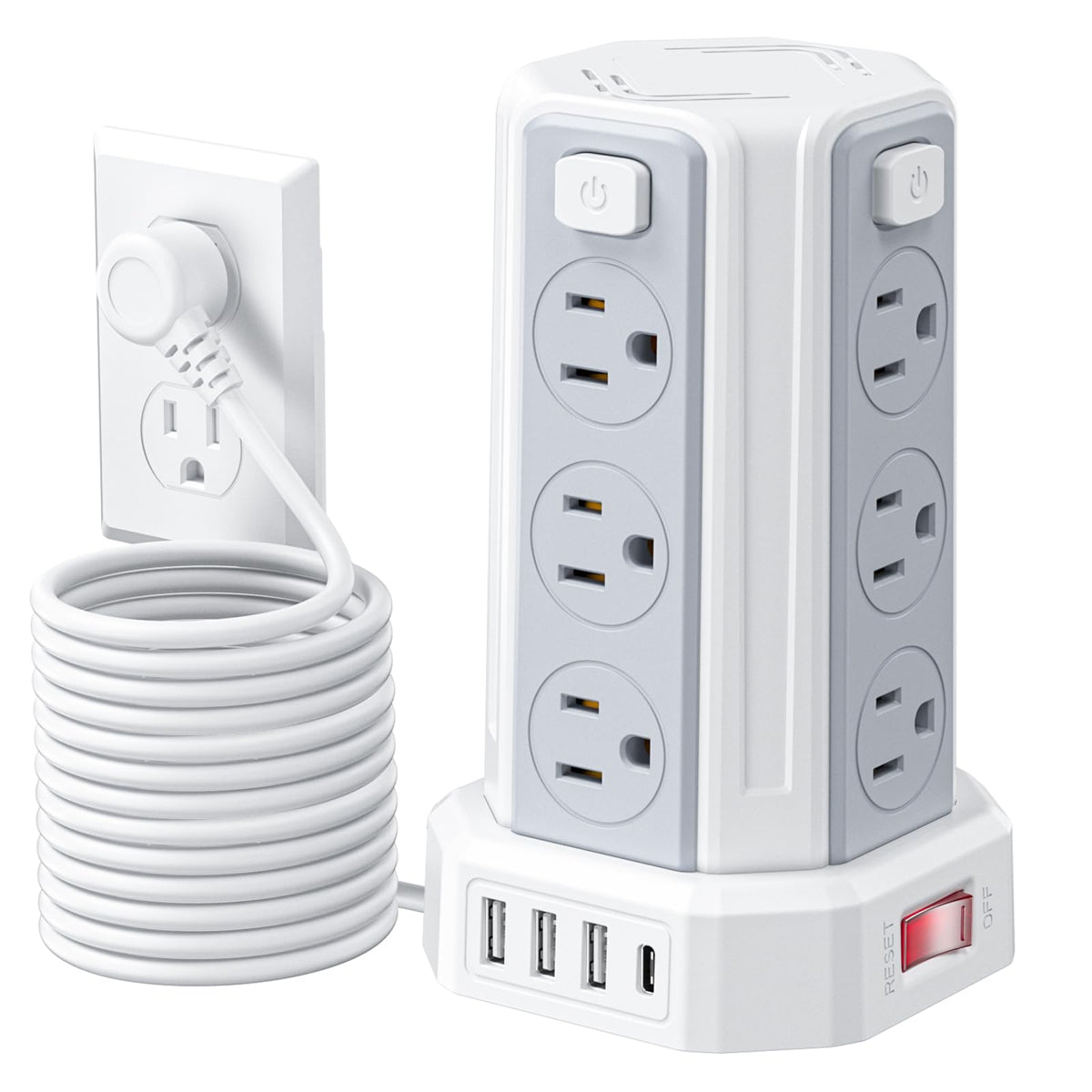 SMALLRT power tower front view showing outlets and USB ports for neat charging