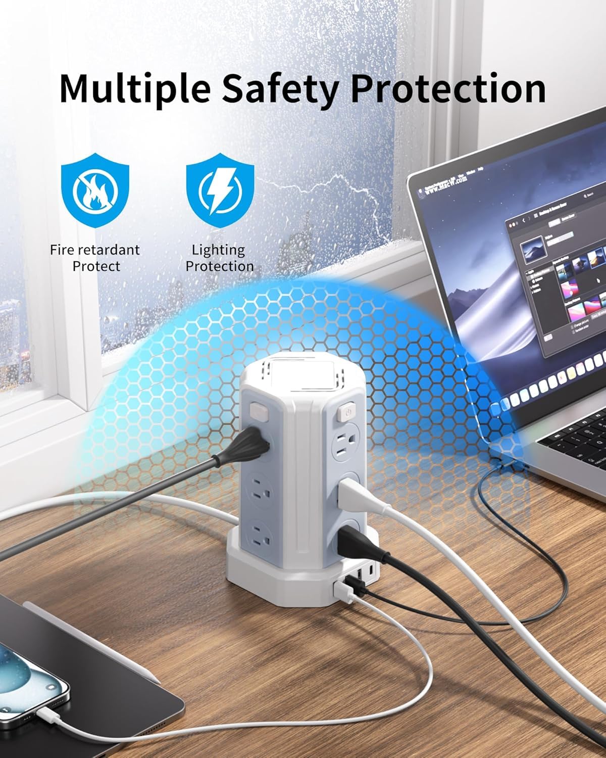 SMALLRT power tower top view displaying USB-A and USB-C ports for faster charging