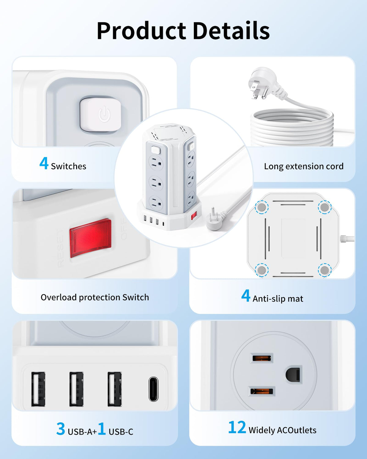 SMALLRT power tower USB ports close-up showing USB-A and USB-C for fast device charging