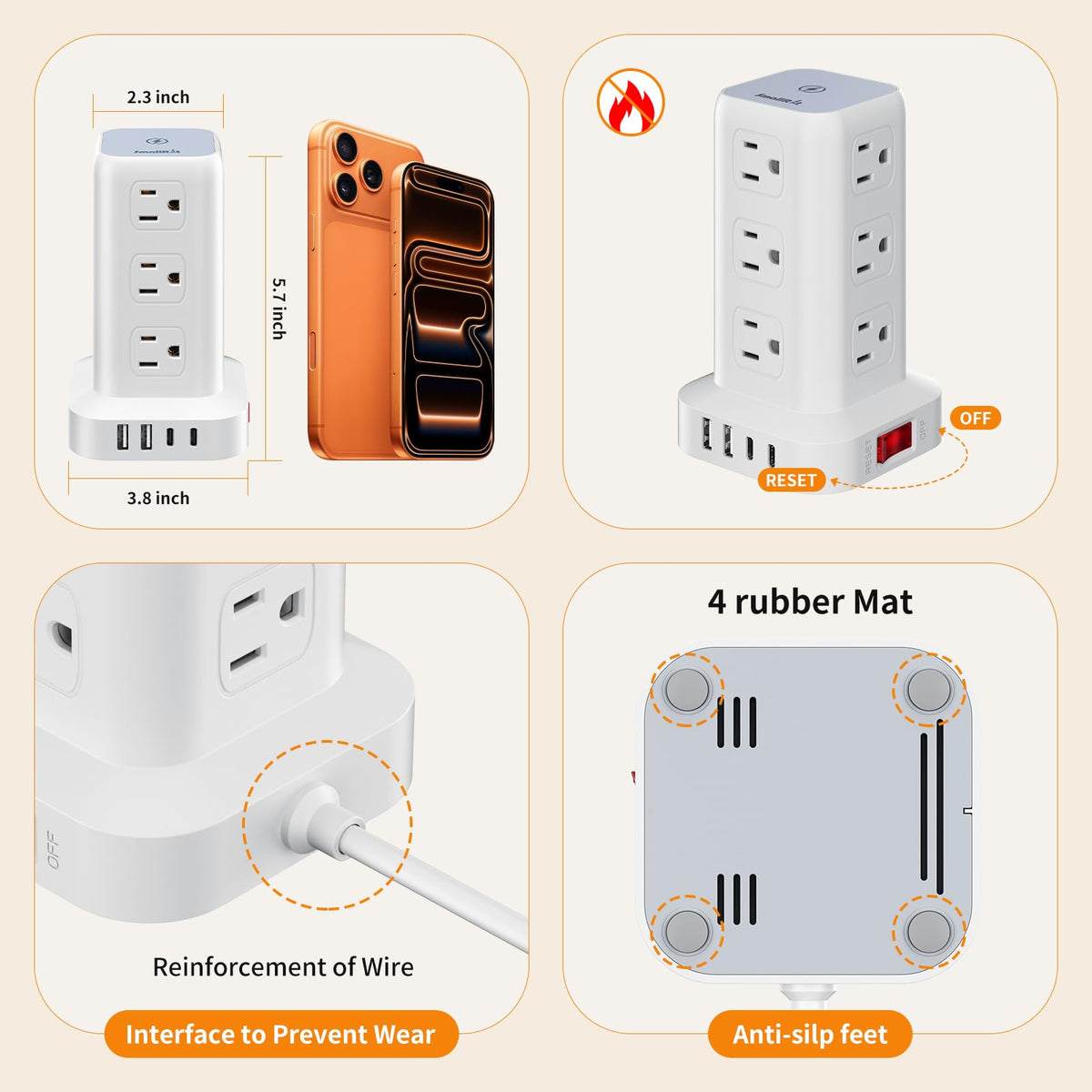 SMALLRT next to smartphone showing scale and many‑outlet capacity for devices