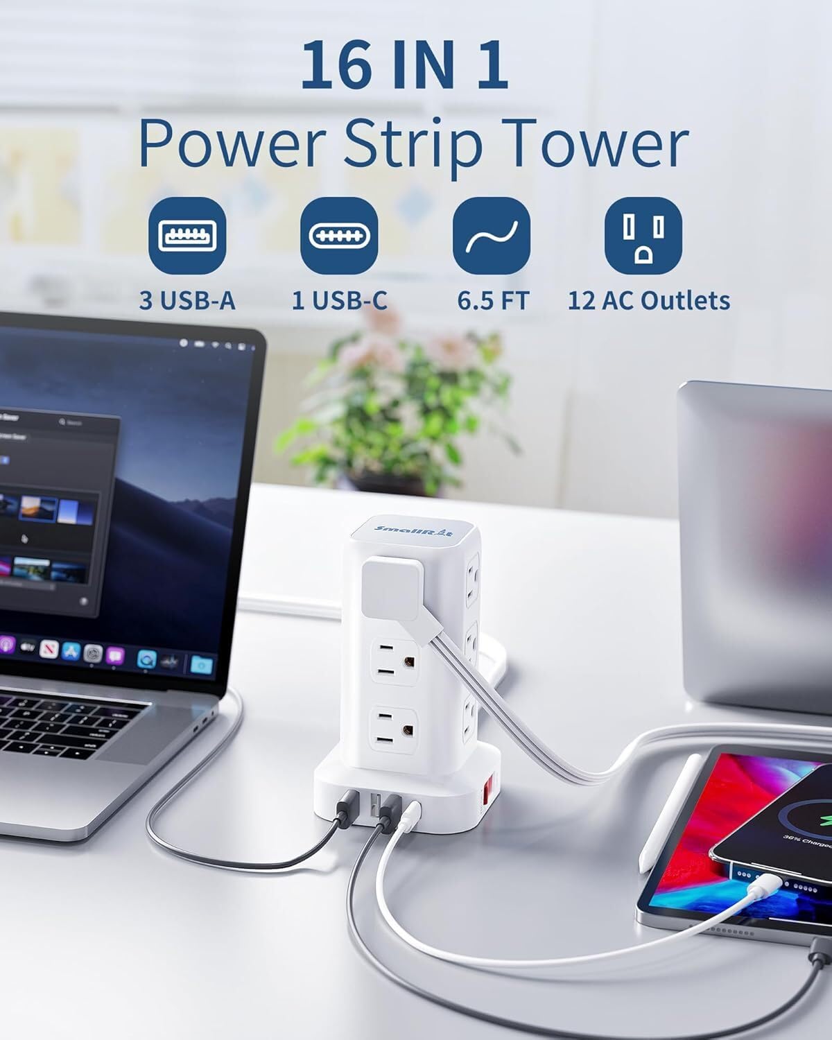 SMALLRT side profile with 12 AC outlets organizing multiple power cords