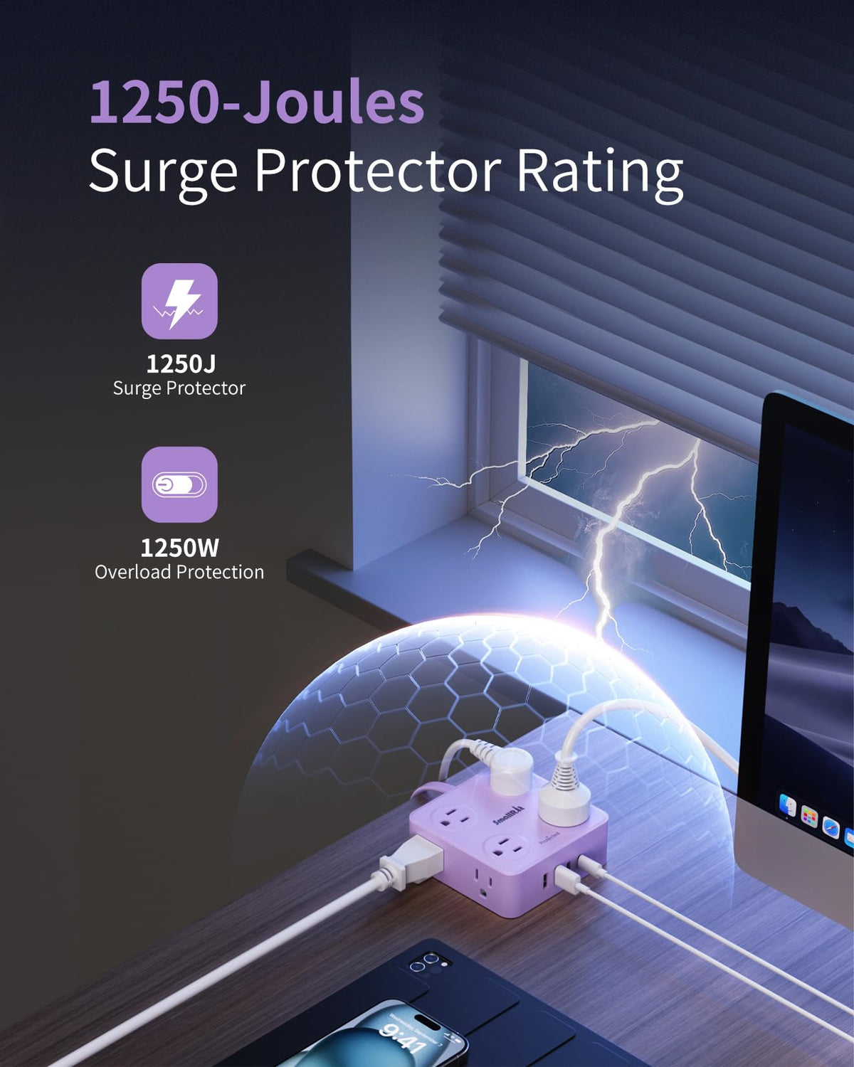 SMALLRT surge-protected power strip guards devices against power spikes.
