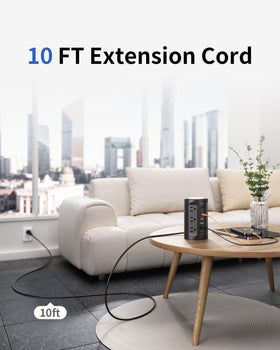 SmallRT surge protector tower 10ft cord reaches behind furniture for flexible placement.
