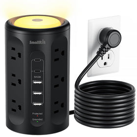 SmallRT surge protector tower front view with 12 outlets for clutter-free charging.