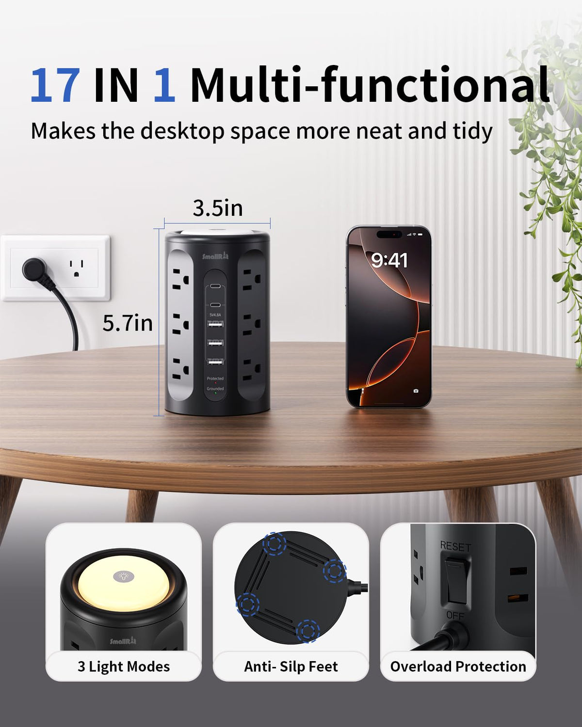 SmallRT surge protector tower with outlets and cords organized in a neat setup.