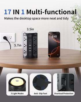 SmallRT surge protector tower with outlets and cords organized in a neat setup.