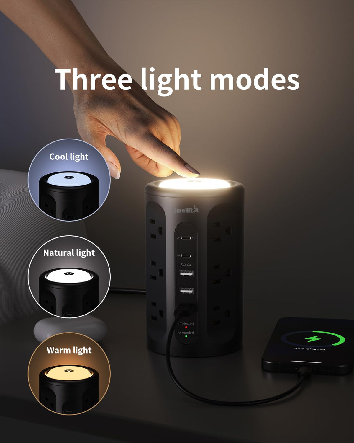 SmallRT surge protector tower right side showing 5 USB ports for multiple devices.