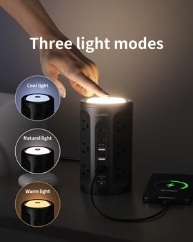 SmallRT surge protector tower right side showing 5 USB ports for multiple devices.