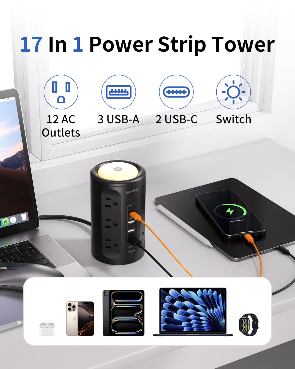 SmallRT surge protector tower top view displaying compact vertical design saves desk space.