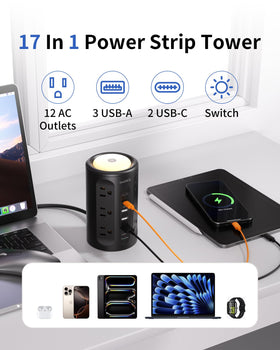 SmallRT surge protector tower top view displaying compact vertical design saves desk space.
