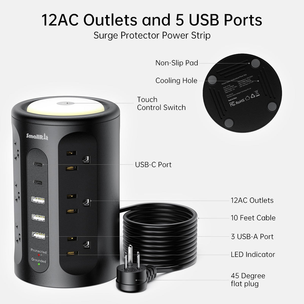 SmallRT surge protector tower vertical design saves desk space and reduces clutter.