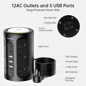 SmallRT surge protector tower vertical design saves desk space and reduces clutter.