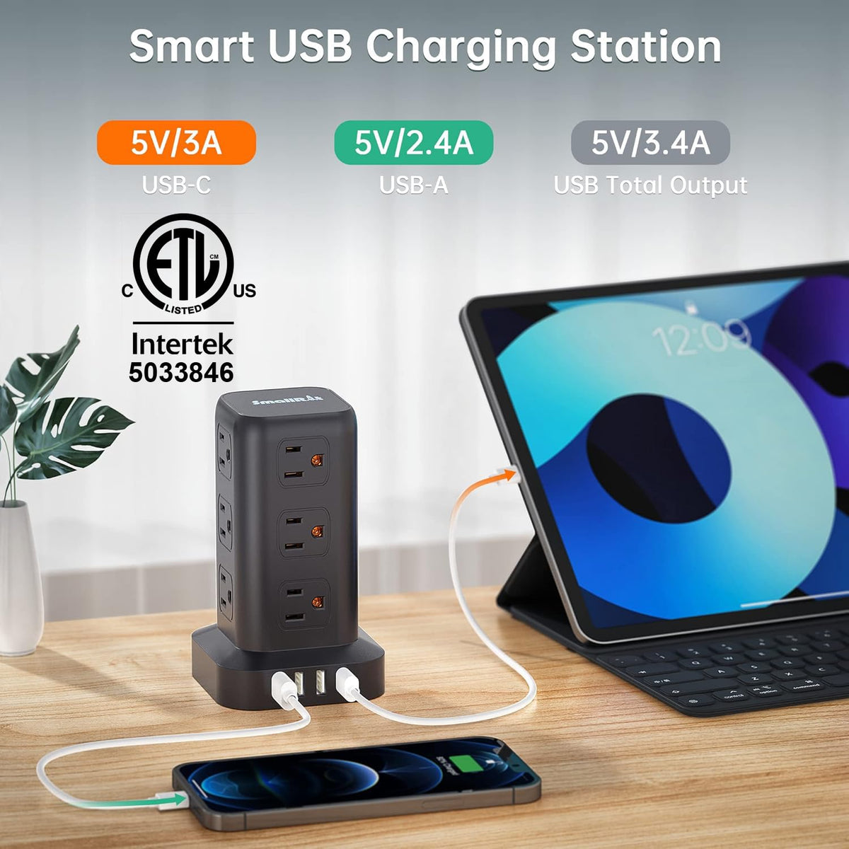 SMALLRT surge protector with USB-C fast charge at a desk.