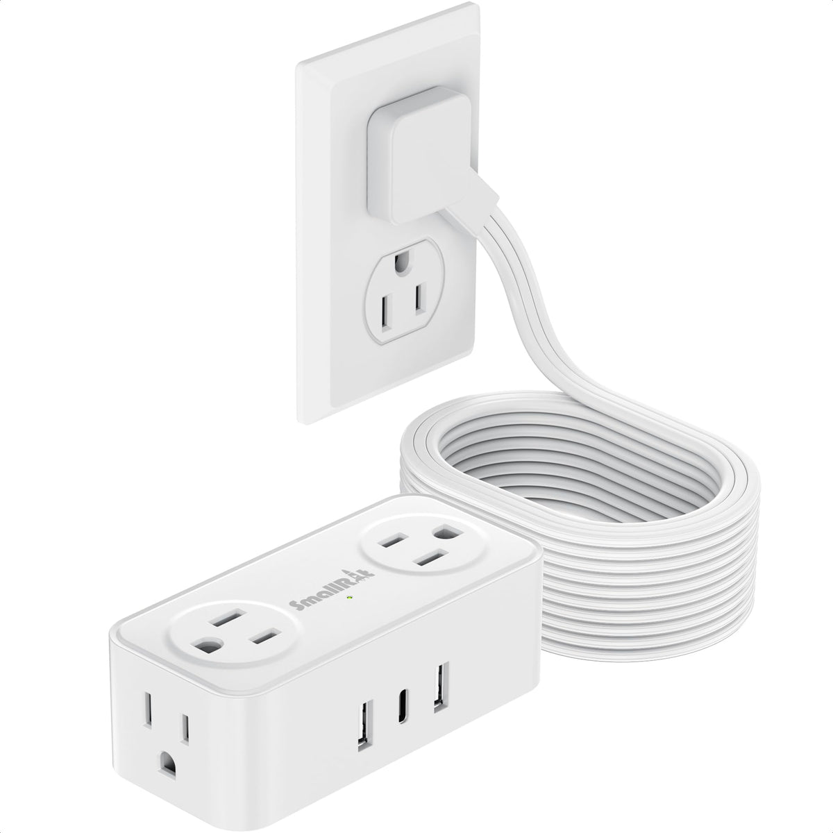 SMALLRT thin flat extension cord with USB-C for travel charging and compact storage.