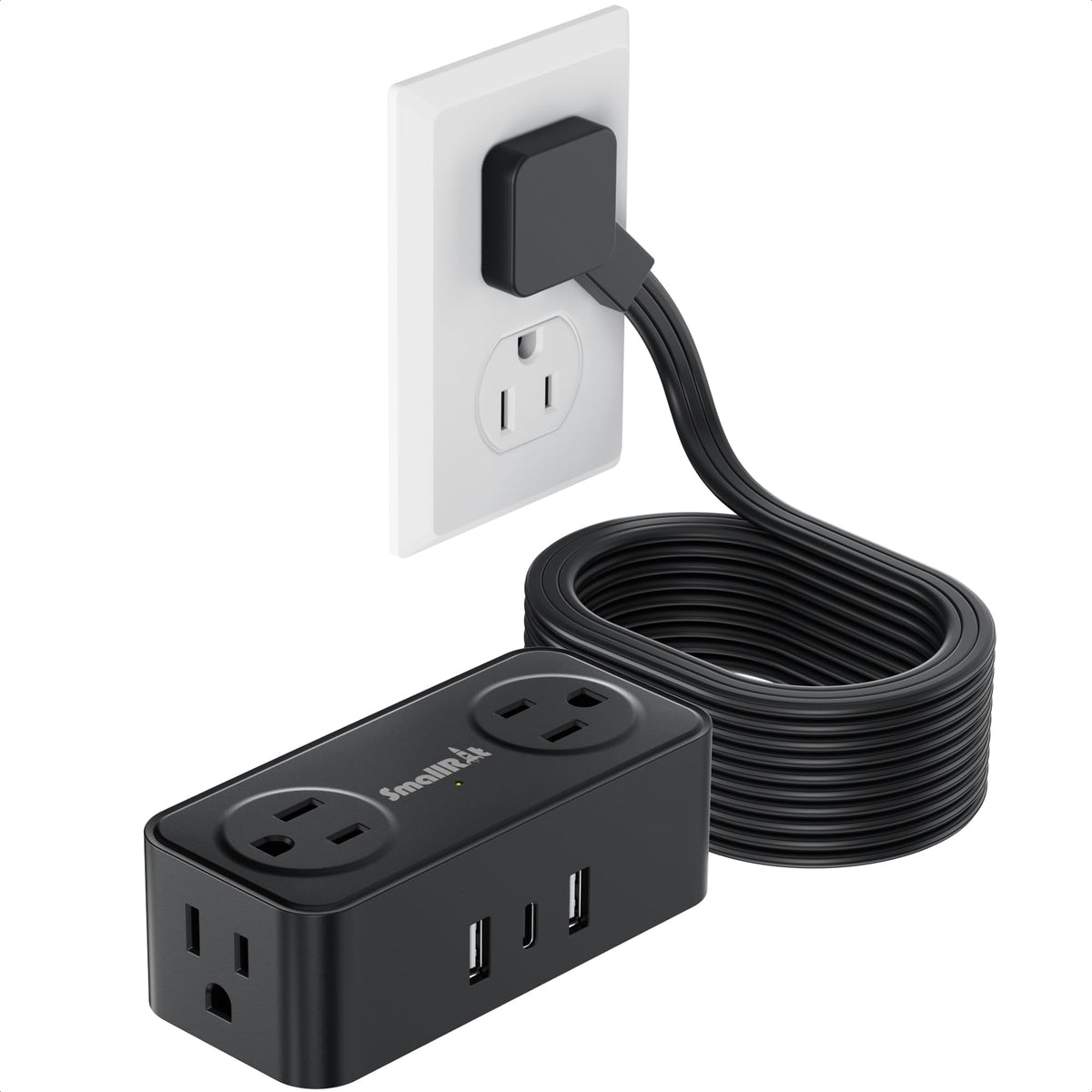 SmallRT thin flat extension cord with USB-C for compact travel charging.