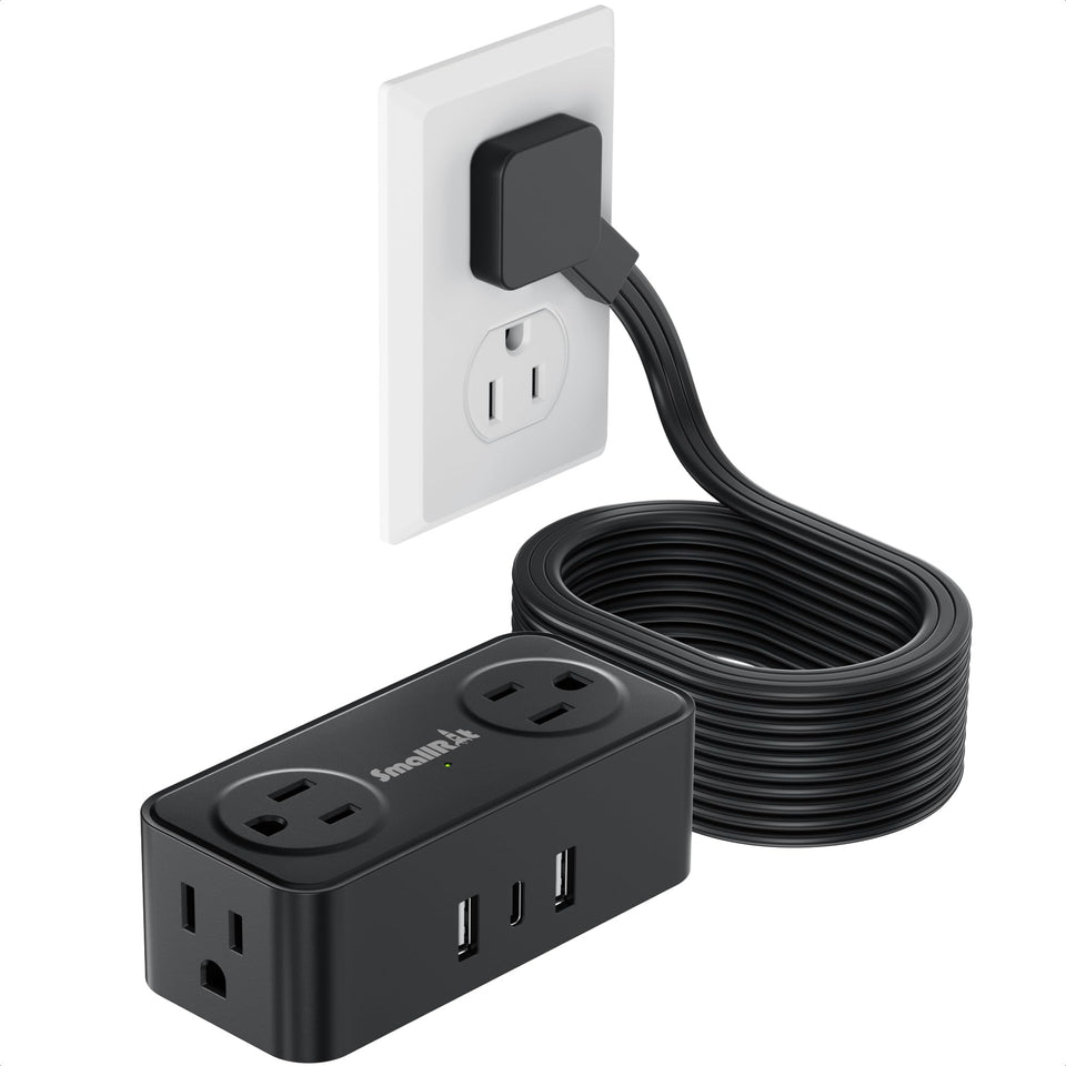 SmallRT thin flat extension cord with USB-C for compact travel charging.
